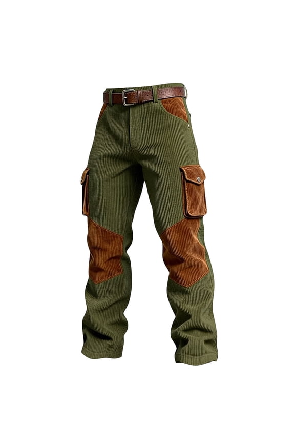 Men's Waffle Weave Color Block Workwear Pants With Multiple Pockets, Casual Style Army Green M