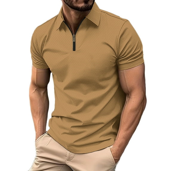 Men's Waffle Zipper Lapel Polo Shirt Short Sleeve Casual Golf Shirt Summer Beach Slim Fit Top