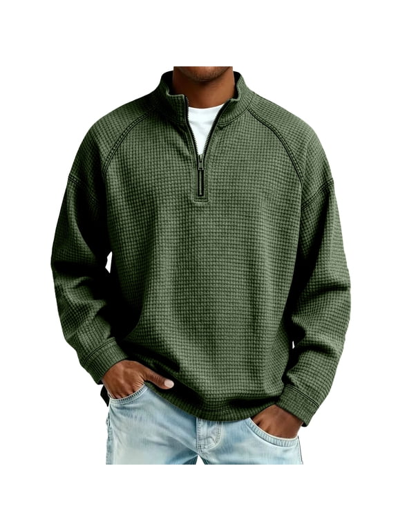 Men's Waffle Zipper V Neck Henley Tee with Long Sleeves, Sizes S-4XL
