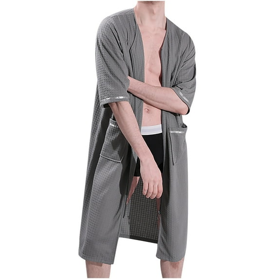 Men's Waffles House Coat Soft Knit V Neck Zipper Robe Comfy Mid-Length Loungewear Nightgowns with Pockets Gray M
