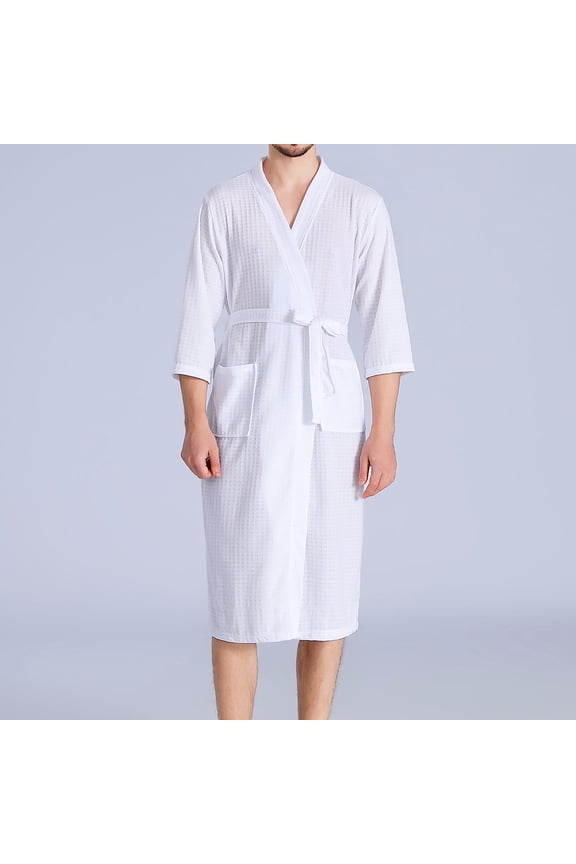 Men's Waffles knit Robe, Lightweight Knee Length Bathrobe, Shower Robes for Spa Soft Comfortable Sleepwear Nightgown with pockets White L