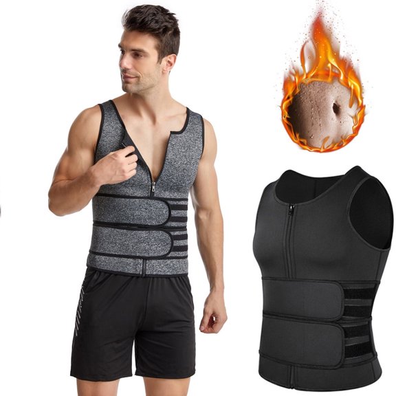 Men's Waist Trainer Vest, Neoprene-Polyester Double Belt Compression Shirt, Sweat Enhancer Workout Gear, Abdominal Support Slimming Wear, Black
