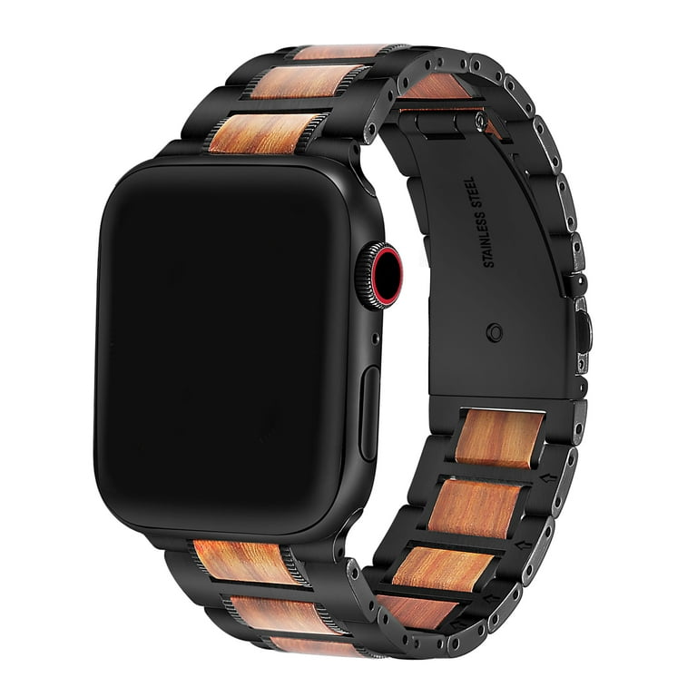 The Posh Tech Stainless Steel Wood Bracelet Band for Apple Watch in Black 42 44Mm