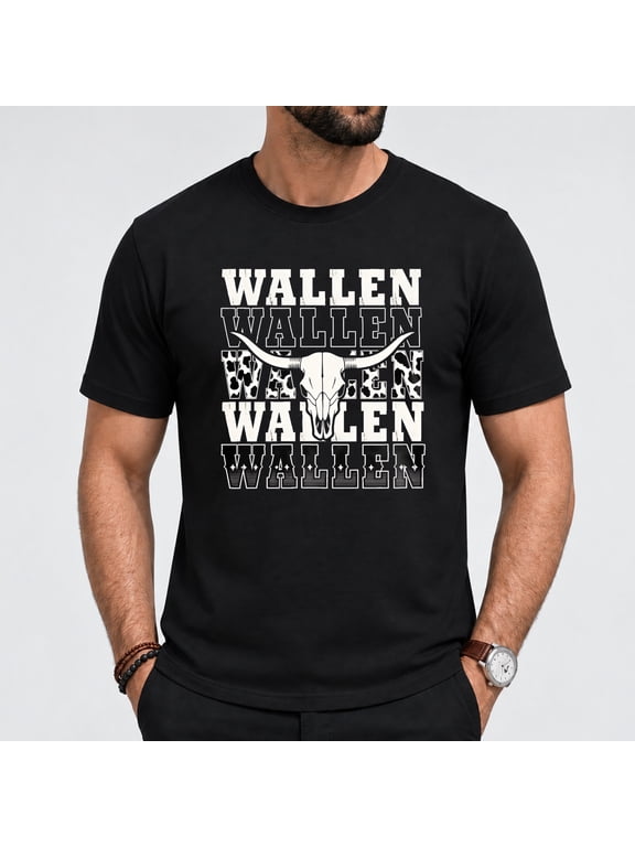 Men's Wallen Skull Print T Shirt, Short Sleeved Casual Cotton Black Tees