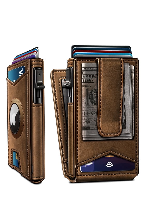Men's Wallet for AirTag with RFID Blocking, Slim Pop-Up Credit Card Holder, Brown Leather