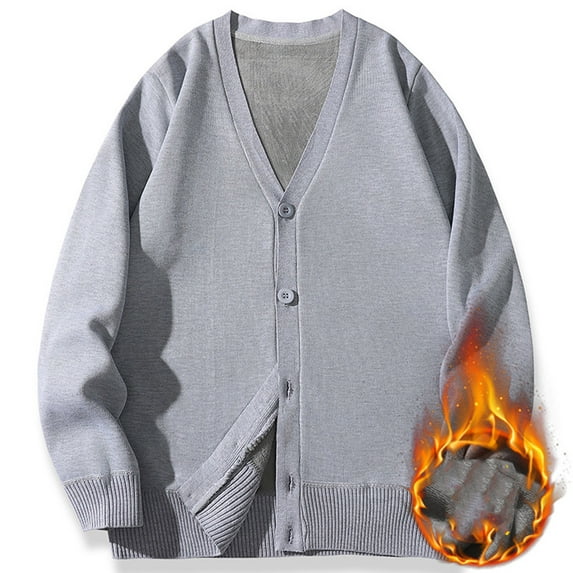 Men's Warm Cardigan Sweater Solid Color Long Sleeve Sweaters Vintage V Neck Cardigan Thermal Fleece Lined Jackets Gray XXS