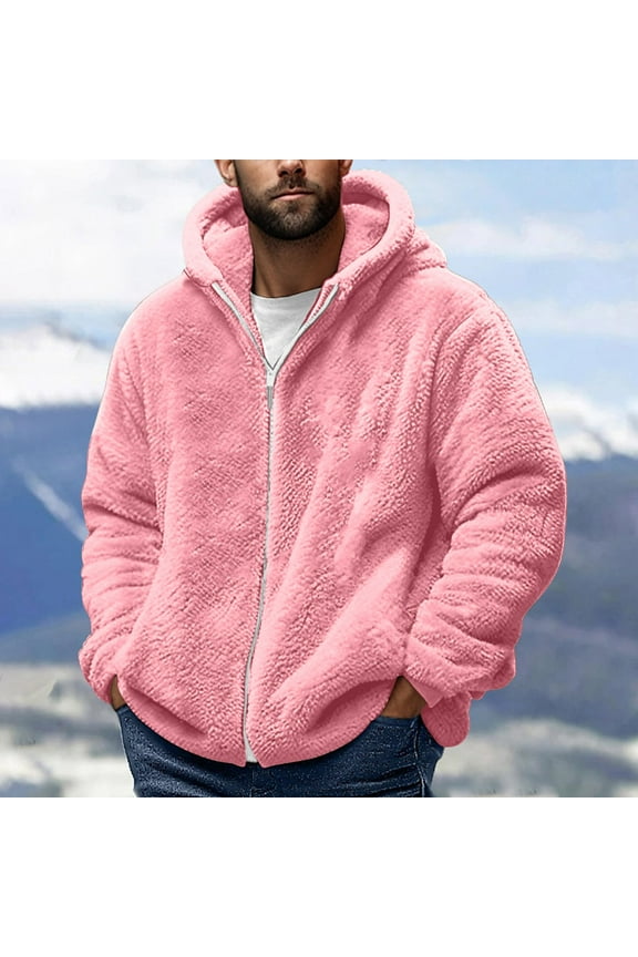 Men's Warm Double-Sided Fleece Coat Zip up Hooded Thick Jacket Fall Winter Casual Soft Outerwear with Pocket New Winter Jackets for Men Lightweight Pinky S