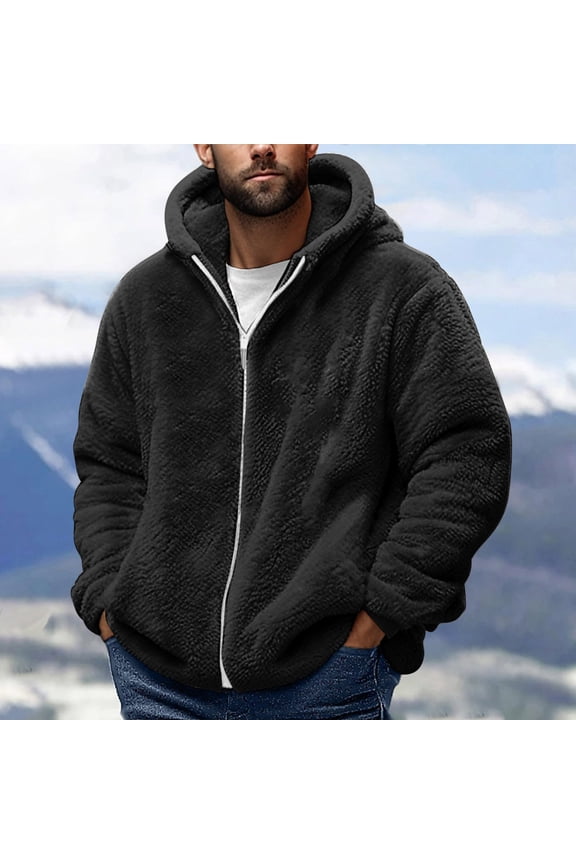 Men's Warm Double-Sided Fleece Coat Zip up Hooded Thick Jacket Fall Winter Casual Soft Outerwear with Pocket New Jacket for Men Black L
