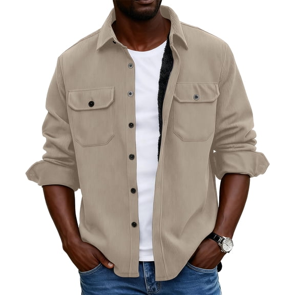Men's Warm Fleece-Lined Corduroy Jacket, Full-Zip Casual Outerwear, Khaki, L
