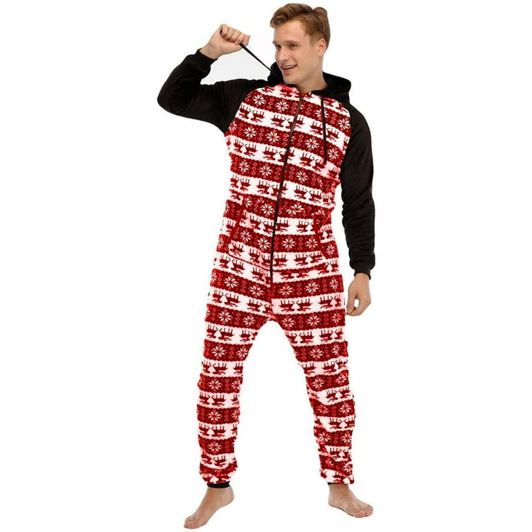 Men s Warm Fleece One Piece Footed Pajamas Adult Onesie with Hood S 2XL Walmart