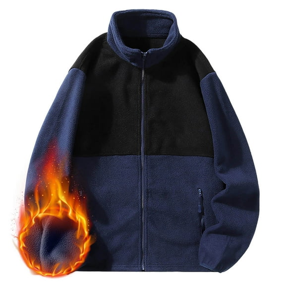 Men's Warm Fleece Turtle Neck Sweatshirts Color Block Full Zip Long Sleeve Fashion Oversized Outwear with Pockets (2XL, Navy)