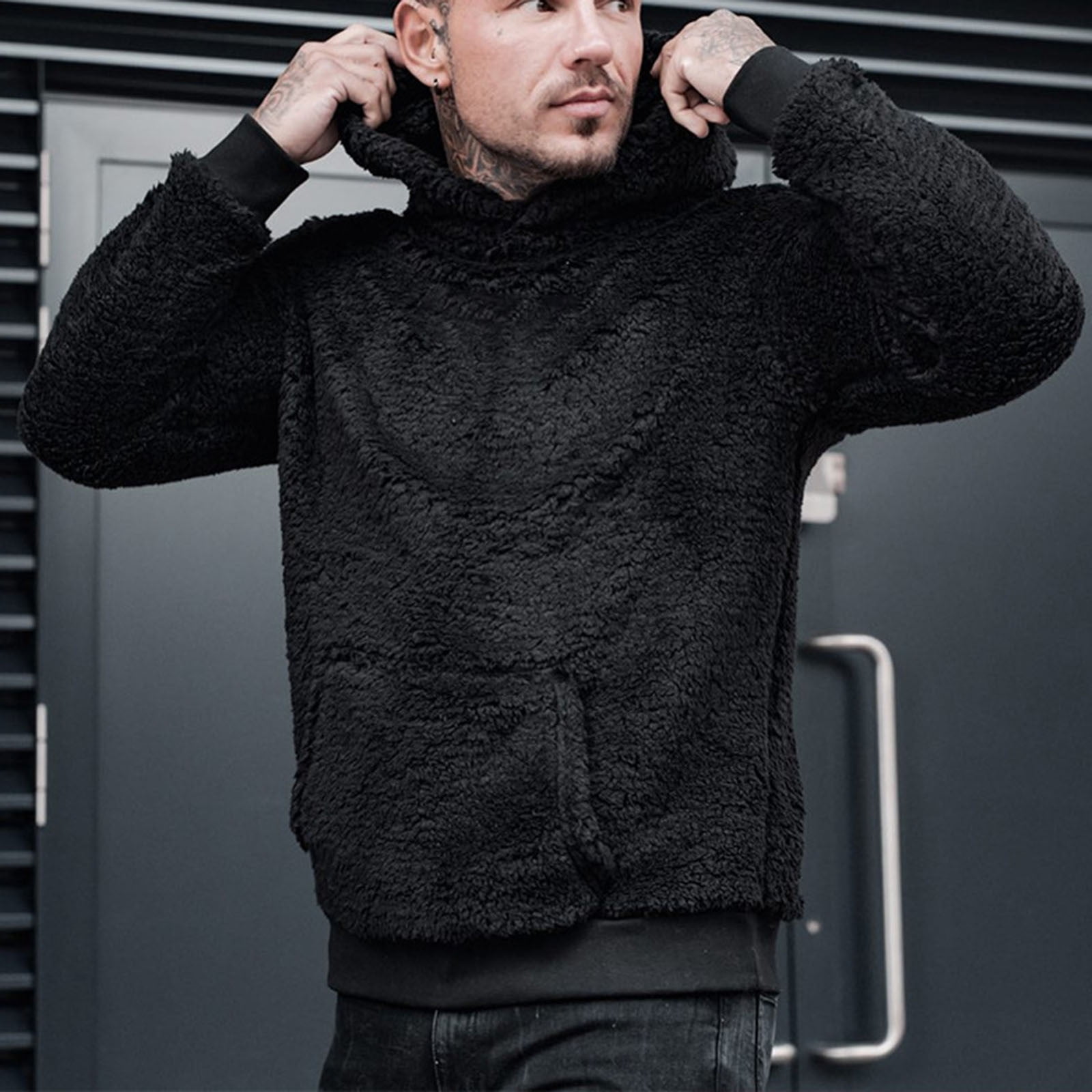 Men's Warm Hoodie,Mens Fuzzy Sherpa Pullover Hoodie Sweatshirts Long