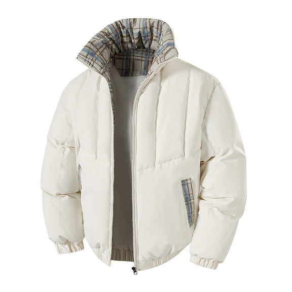 Men's Warm Jacket Stand Collar Long Sleeve Winter Coat Warm Cotton Padded Outerwear Plaid Lined for Cold Weather (L, Beige)