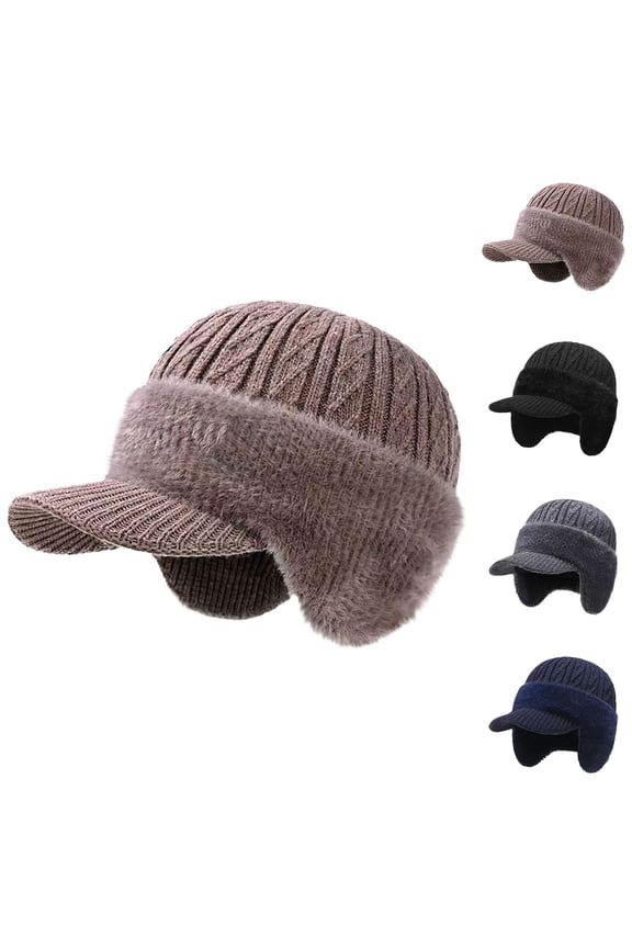 Men's Warm Knitted Baseball Cap with Ear Flaps and Wool Brim Lined Winter Hat