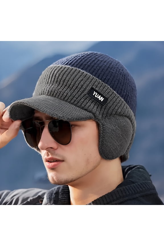 Men's Warm Knitted Hat - Fleece-Lined Winter Headgear with Adjustable Buckle Closure, Lightweight and Warm Ear Protection, Suitable for Outdoor Sports and Cold Weather