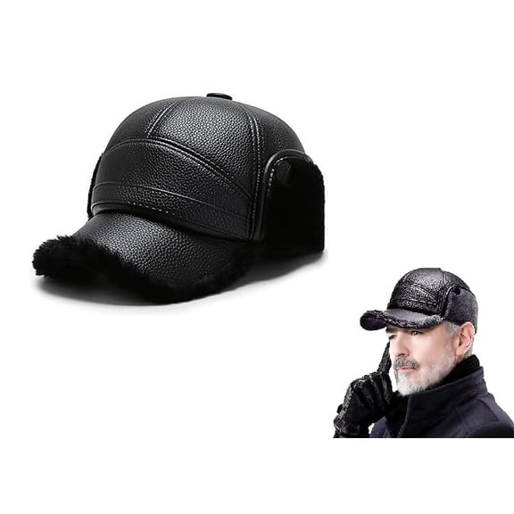 Mens Warm Leather Dad Cap with Earflaps, Winter Outdoor Baseball Hat for Golf & Casual Wear(RL Black 1 PC)