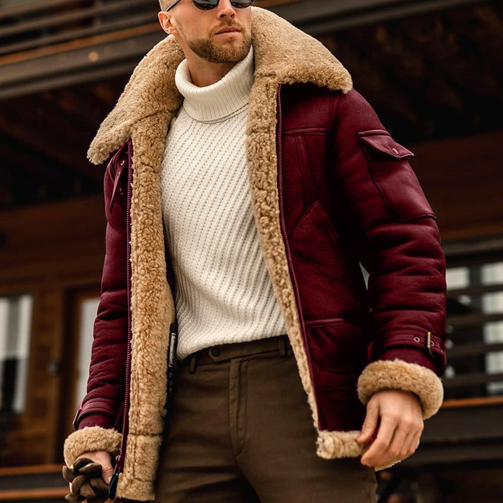 ジャケット・アウター handmade big collar coat Men's Warm Leather Jacket with Unique Fashion Fur Suede
