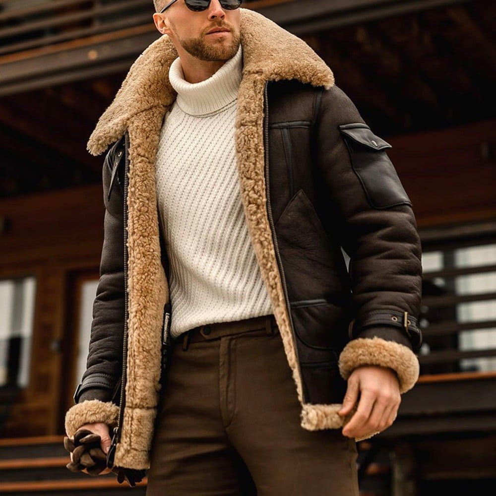 Mens Faux Fur Jacket Sherpa Lined Fleece Shearling Coat Vintage Zipper Warm  Military Cargo Trucker Aviator Suede Bomber Jacket Outwear