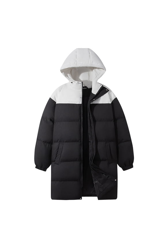 Men's Warm Parka Ski Jacket Long Zip Up Winter Coat Color Block Puffer Jacket with Removable Hood Beige L