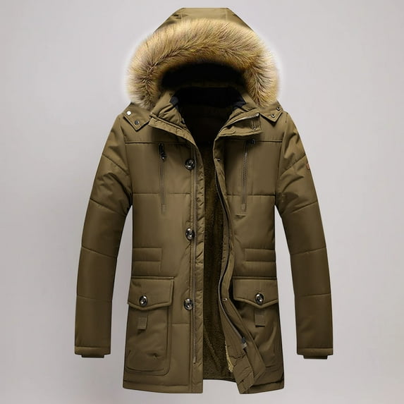 Men's Warm Parka Ski Jacket Solid Zipper Puffer Jacket Long Winter Hooded Coat With Removable Faux Fur Hood Coffee XXL