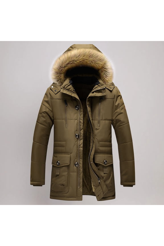 Men's Warm Parka Ski Jacket Solid Zipper Puffer Jacket Long Winter Hooded Coat With Removable Faux Fur Hood Coffee XXXXXL