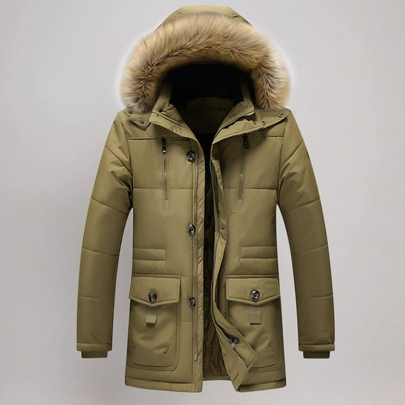 Men's Warm Parka Ski Jacket Solid Zipper Puffer Jacket Long Winter Hooded Coat With Removable Faux Fur Hood Khaki XXXL