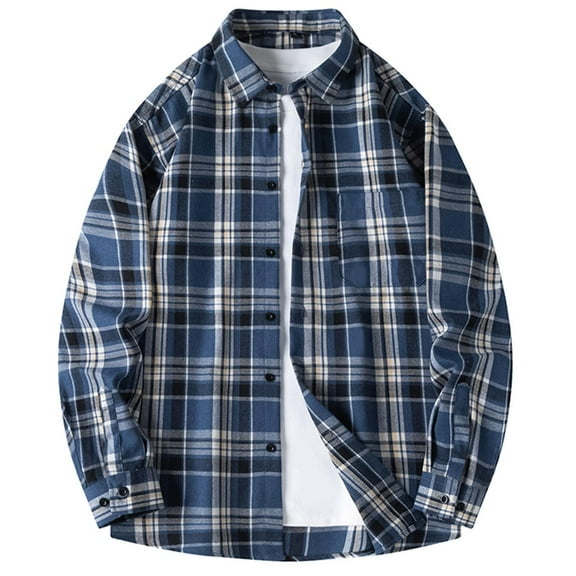 Men's Warm Plaid Jacket Long Sleeve Shirt with Pockets Button-Up Fashion Coat Outwear