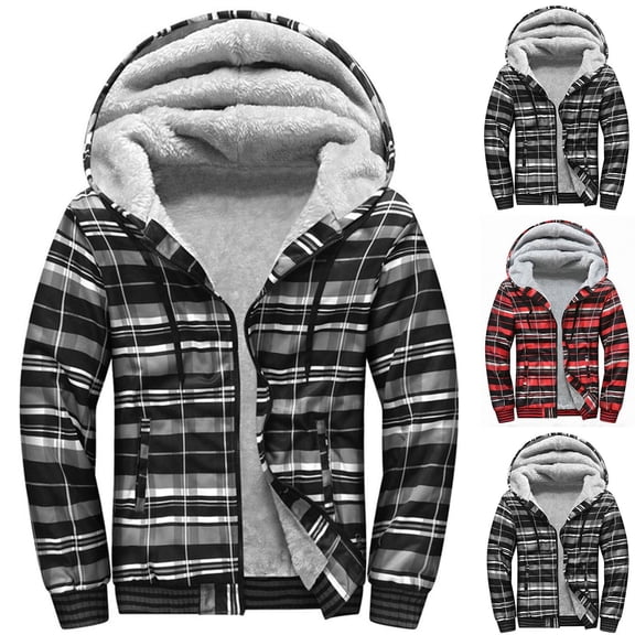 Men's Warm Plaid Jacket Long Sleeved Checkered Hooded Drawstring Pocket Zipper with Thick Fashion Coat Outwear
