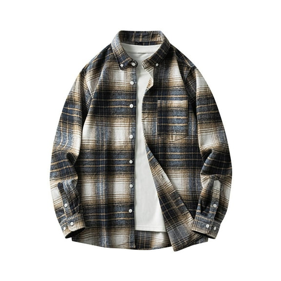 Men's Warm Plaid Jacket Loose Youth Long Sleeve Shirt Fashion Coat Outwear