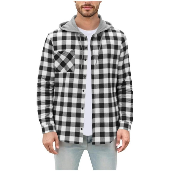 Men's Warm Plaid Jacket Patchwork Hooded Button Long Sleeve Shirt Blouse Fashion Coat Outwear
