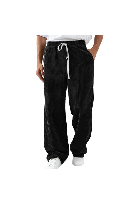 Men's Warm Plush Corduroy Pants Soft Fluffy High Waisted Straight Leg Loose Fit Sweatpants with Pockets Loungewear (2XL, Black)