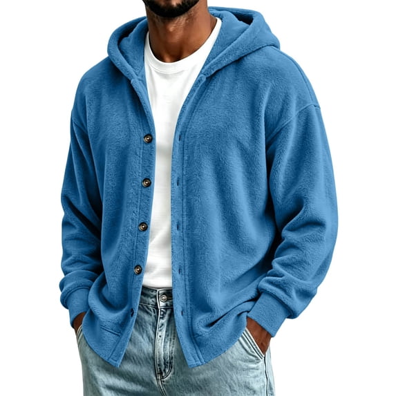 Men's Warm Plush Hoodie Coats Solid Color Long Sleeved Cardigan for Fall Winter