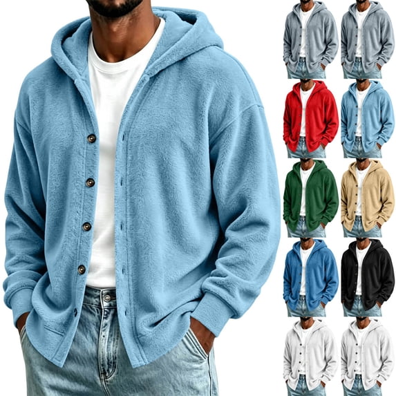 Men's Warm Plush Hoodie Coats Solid Color Long Sleeved Cardigan for Fall Winter