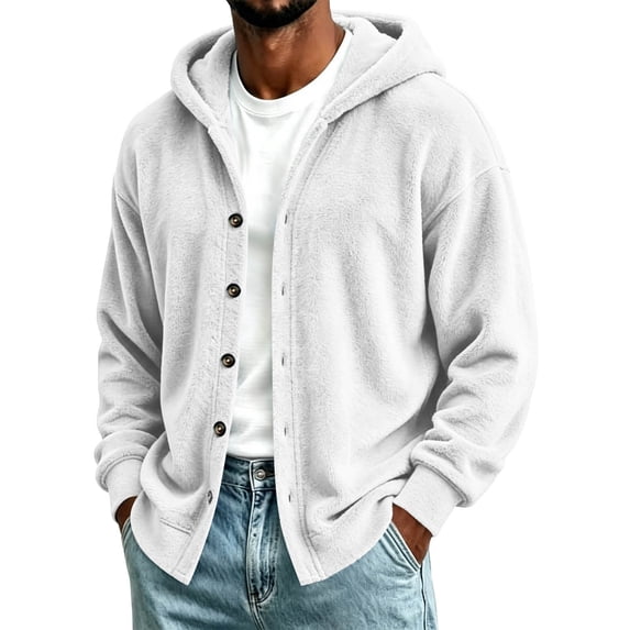 Men's Warm Plush Hoodie Coats Solid Color Long Sleeved Cardigan for Fall Winter
