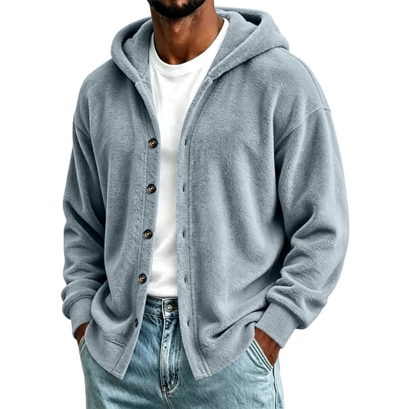 Men's Warm Plush Hoodie Coats Solid Color Long Sleeved Cardigan for Fall Winter