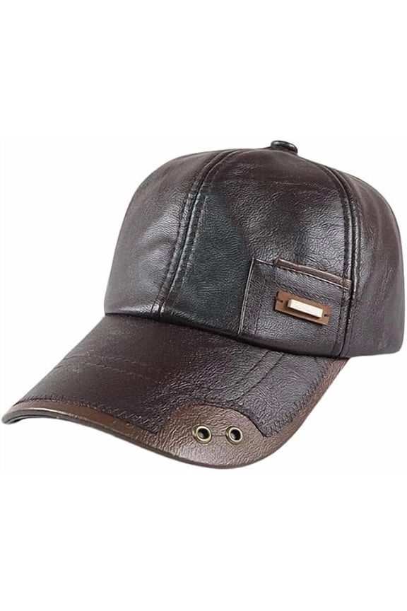 Men's Warm Pu Leather Baseball Cap Trucker Hat Dad Hat Fishing Hunting Cap with Button Hole Front Design Brown
