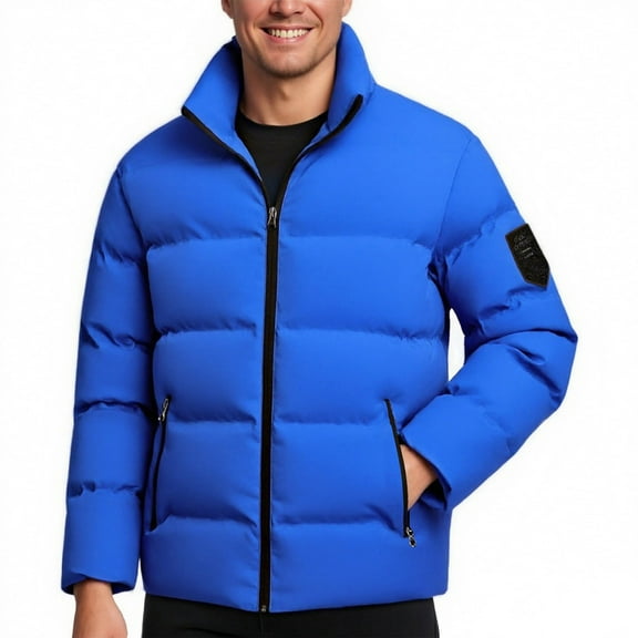 Men's Warm Quilted Jacket, Winter Thicken Padded Puffy Coats, Windproof Casual Stand Collar Outwear Jacket Zip Pockets Blue M
