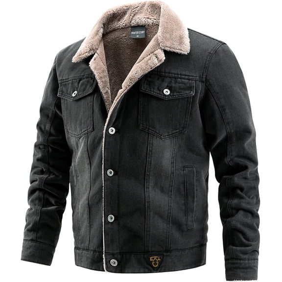 Men's Warm Sherpa Lined Denim Jacket Button Pockets Classic Trucker Outerwear Black L