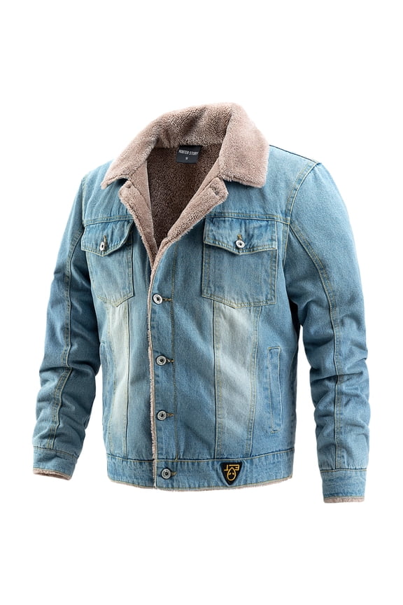 Men's Warm Sherpa Lined Denim Jacket Button Pockets Classic Trucker Outerwear Blue XL