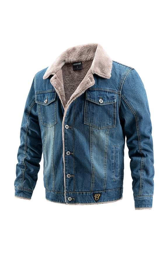 Men's Warm Sherpa Lined Denim Jacket Button Pockets Classic Trucker Outerwear Dark Blue 2XL