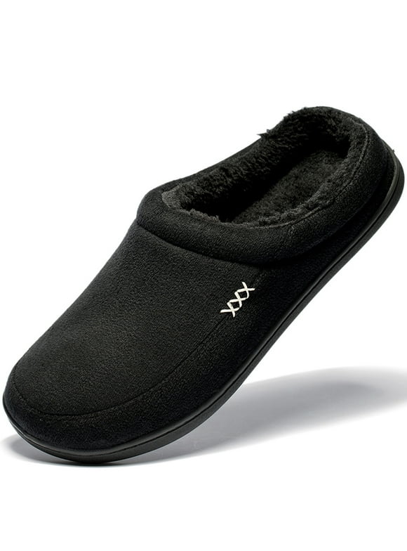 Men's Warm Soft Slippers Memory Foam Suede Clogs Plush Shearling Lining Slip on House Shoes Indoor Outdoor Black, Size 11-12