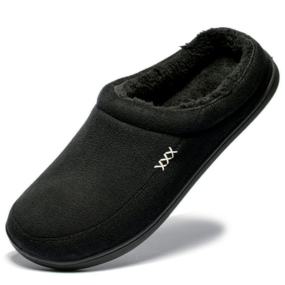 Men's Warm Soft Slippers Memory Foam Suede Clogs Plush Shearling Lining Slip on House Shoes Indoor Outdoor Black, Size 9-10