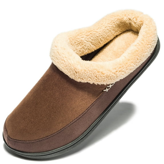 Men's Warm Soft Slippers Memory Foam Suede Clogs Plush Shearling Lining Slip on House Shoes Indoor Outdoor Coffee, Size 13-14