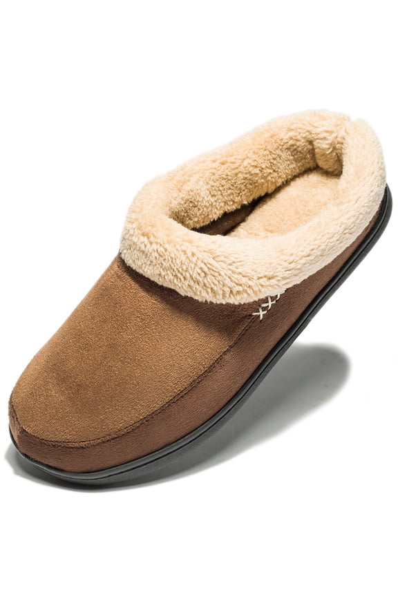 Men's Warm Soft Slippers Memory Foam Suede Clogs Plush Shearling Lining Slip on House Shoes Indoor Outdoor Dark Brown, Size 10.5
