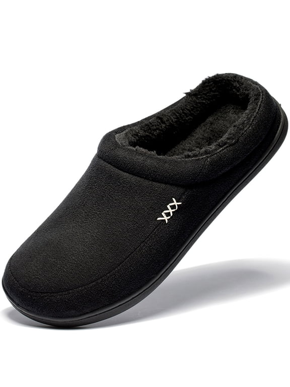 Men's Warm Soft Slippers Memory Foam Suede Plush Shearling Lining Slip on Indoor Outdoor Clog House Shoes Black, Size 8-8.5