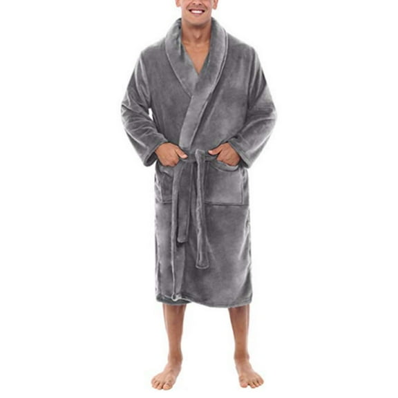 Men's Warm Super Soft Flannel Coral Fleece Long Bath Robe Nightwear