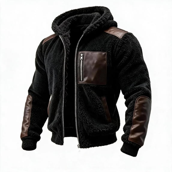 Men's Warm Winter Coats Thick Fleece Lined Hooded Jackets Faux Leather Spliced Zip up Bomber Coat Plus Size Casual Outerwear with Pockets
