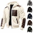 thumbnail image 1 of Men's Warm Winter Coats Thick Fleece Lined Hooded Jackets Faux Leather Spliced Zip up Bomber Coat Plus Size Casual Outerwear with Pockets, 1 of 10