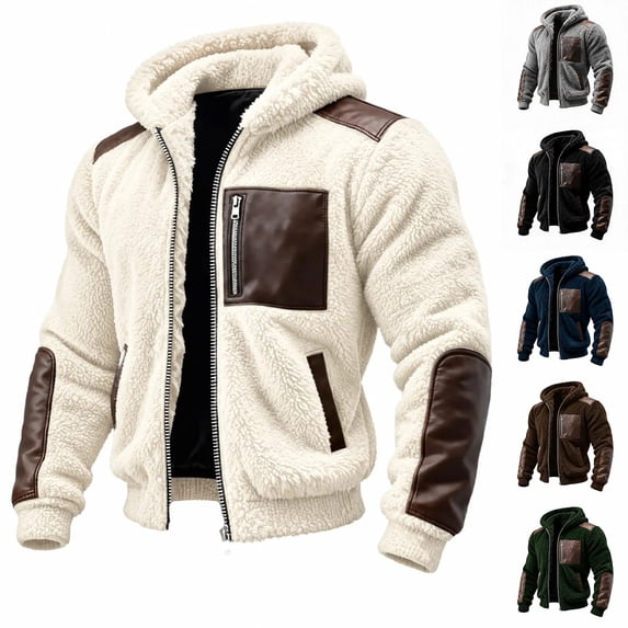 Men's Warm Winter Coats Thick Fleece Lined Hooded Jackets Faux Leather Spliced Zip up Bomber Coat Plus Size Casual Outerwear with Pockets