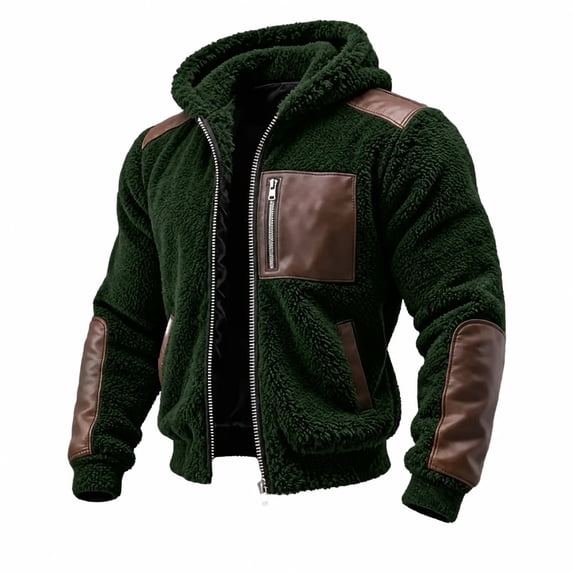 Men's Warm Winter Coats Thick Fleece Lined Hooded Jackets Faux Leather Spliced Zip up Bomber Coat Plus Size Casual Outerwear with Pockets